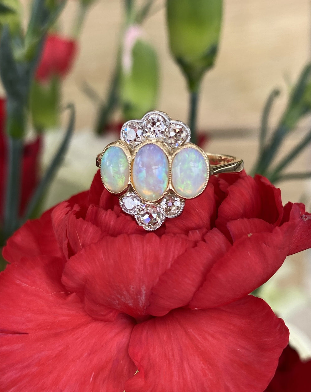 Antique Edwardian White Opal and Diamond Engagement Ring