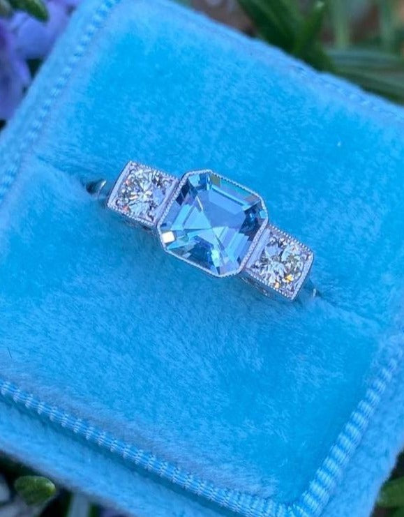 0.90 Aquamarine and Diamond 3-Stone Ring in Platinum