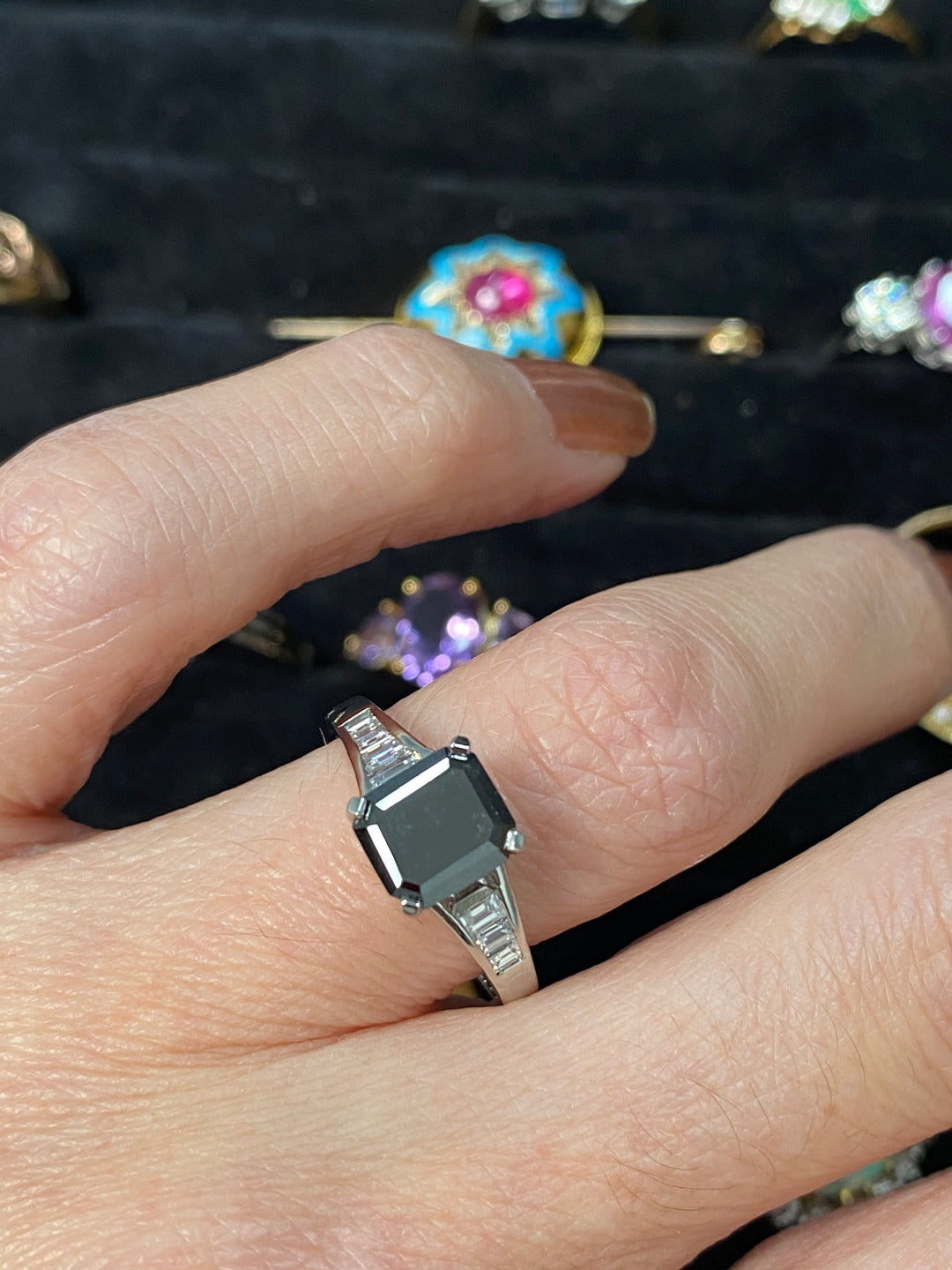 Sex and the City Carrie Black Diamond Art Deco Engagement Ring in Platinum 