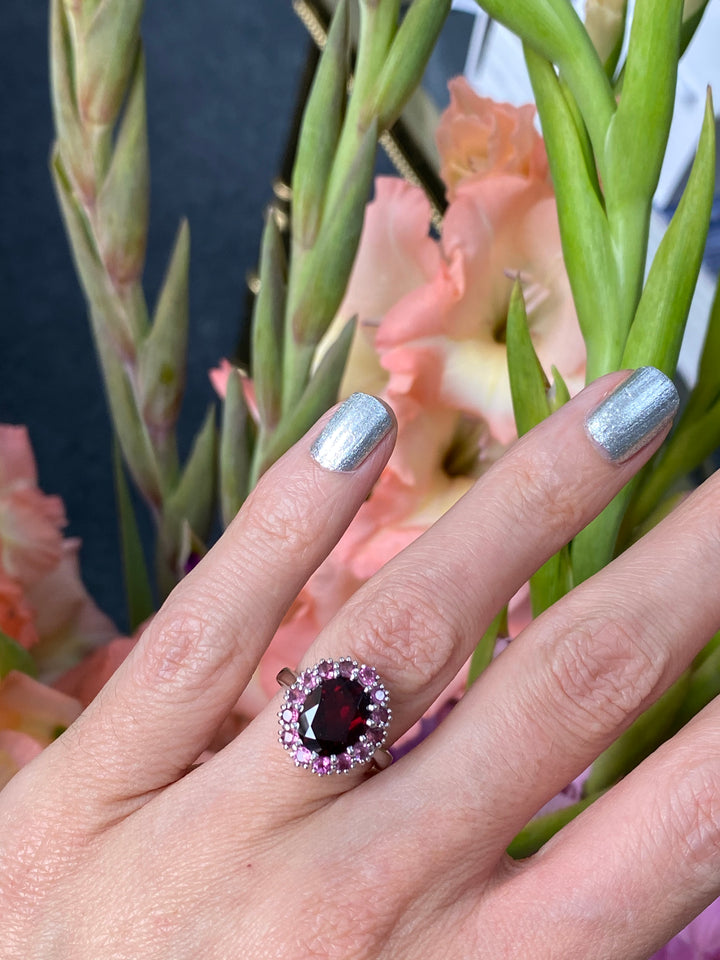 Oval Cut Red Garnet and Pink Tourmaline Halo Cocktail Ring in Sterling Silver