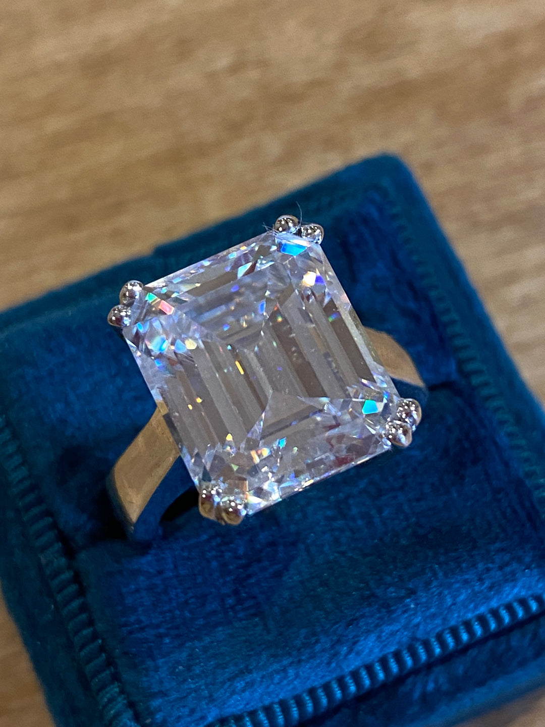 10.69 Carat Emerald Cut Double Claw Moissanite Engagement Cocktail Ring Katherine James Jewellery 