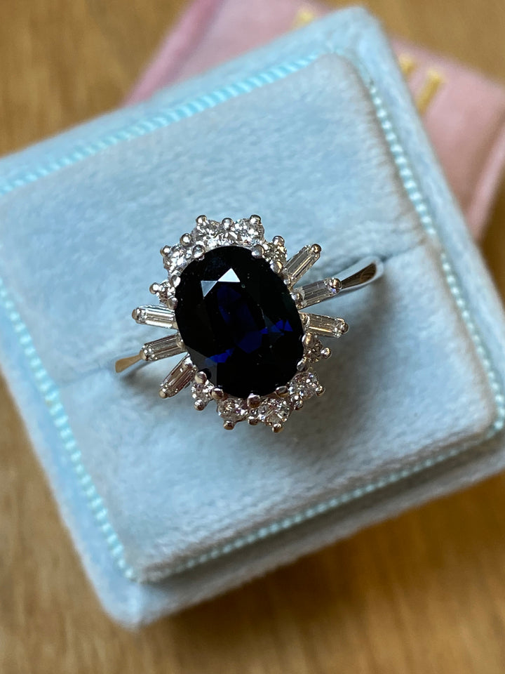 Vintage 2.50 Carat Oval Blue Sapphire and Diamond Halo Engagement Ring in White Gold