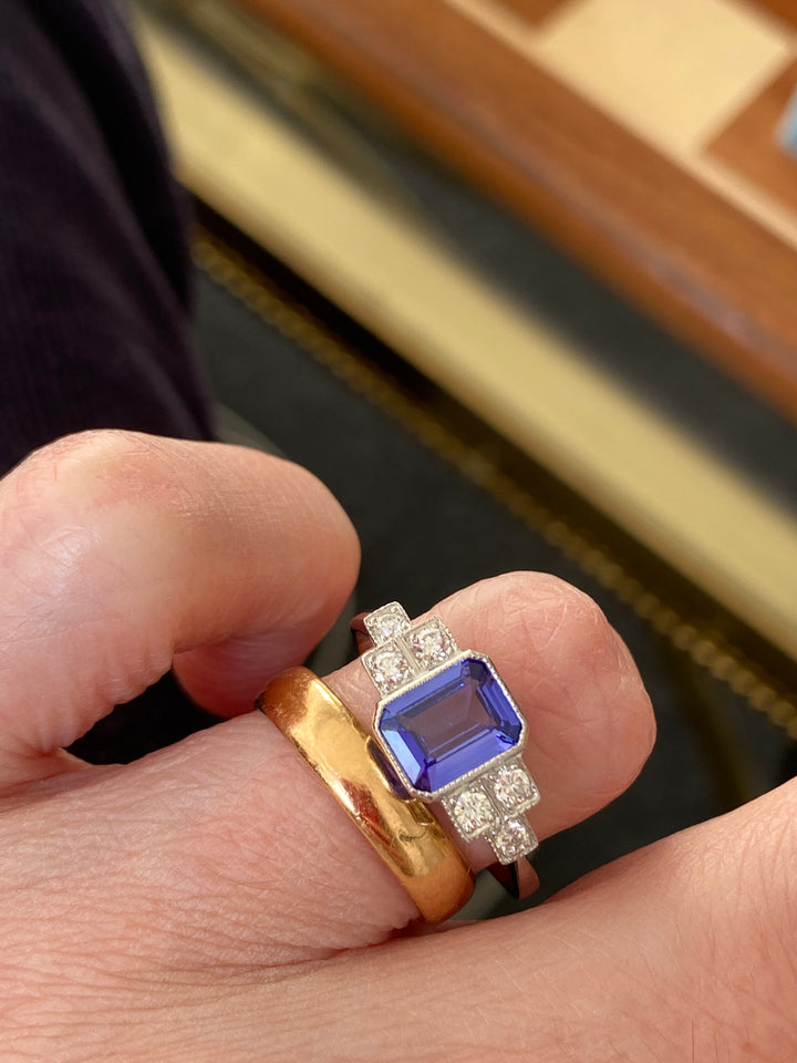 1.50 Carat Emerald Cut Tanzanite and Diamond Engagement Ring in Platinum