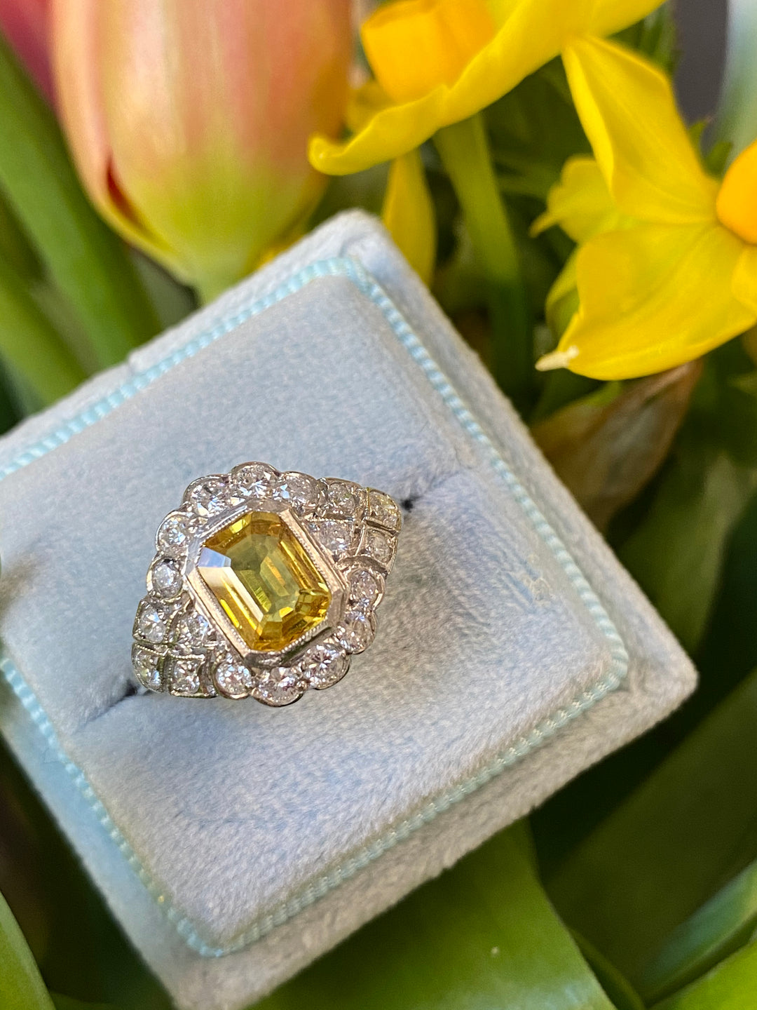 1.60 Carat Yellow Sapphire and Diamond Art Deco Ring in Platinum