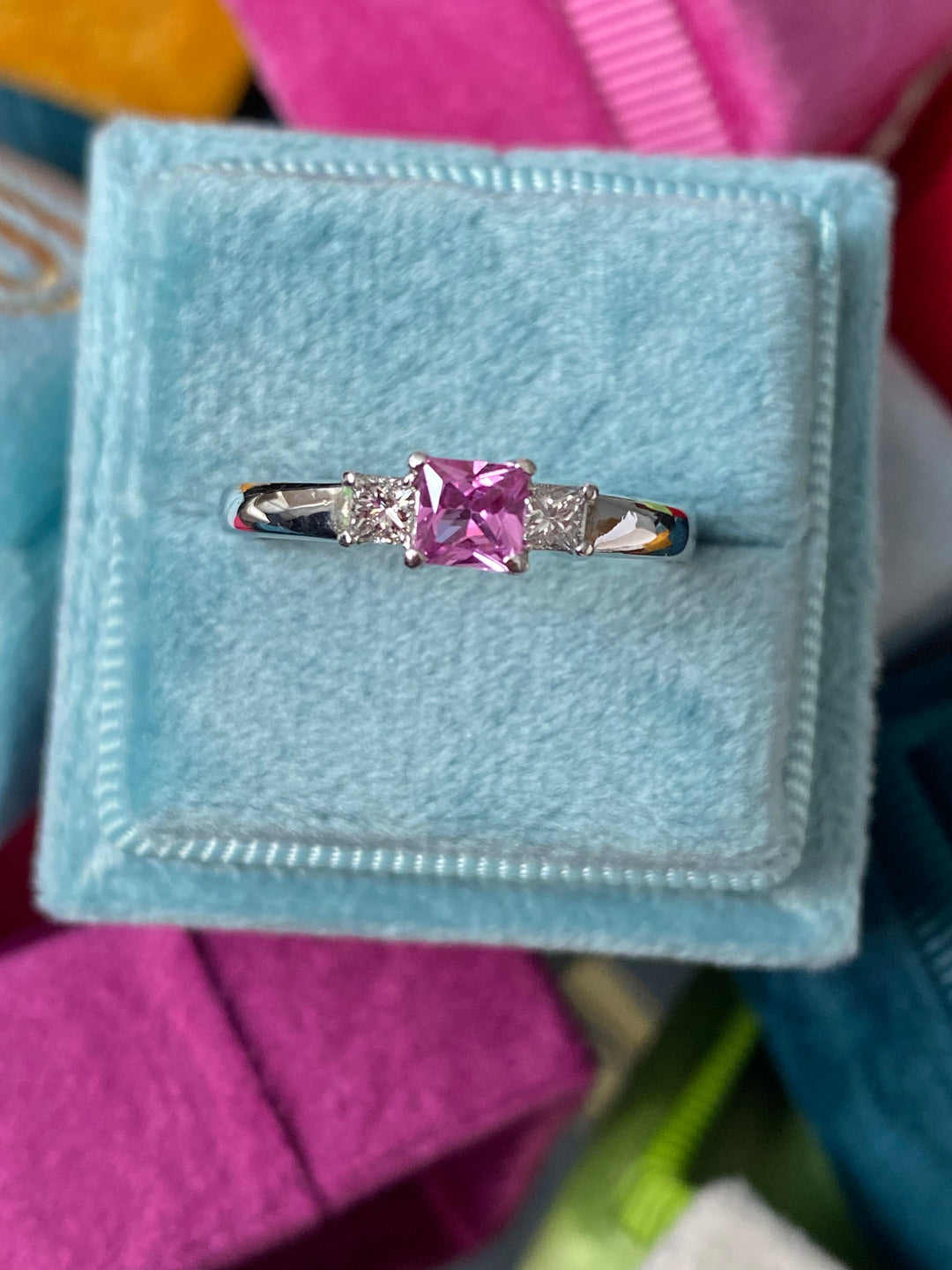 Princess cut Pink Sapphire and Diamond Three Stone Trilogy Vintage Engagement Ring