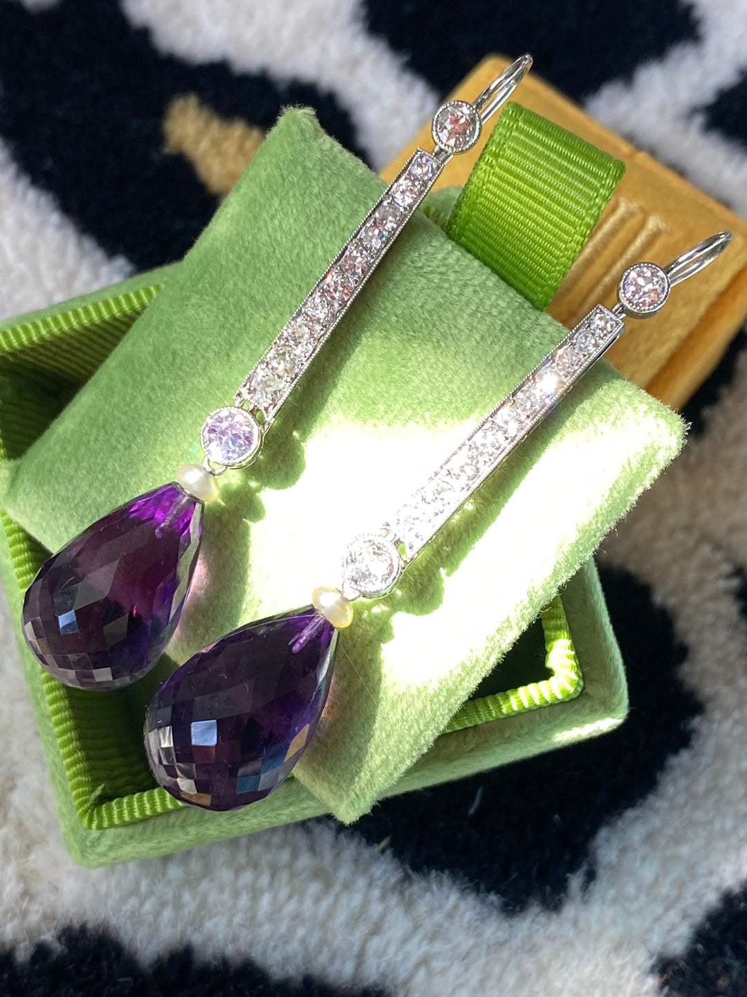 Antique Art Deco Briolette Cut Amethyst and Diamond Drop Earrings in Platinum Katherine James Jewellery