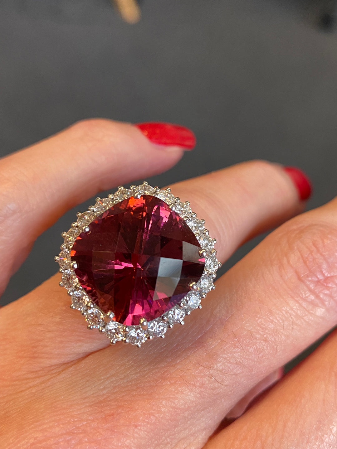 Huge 17 Carat Rubellite Pink Tourmaline and Diamond Cocktail Ring in White and Yellow Gold  Katherine James Jewellery  