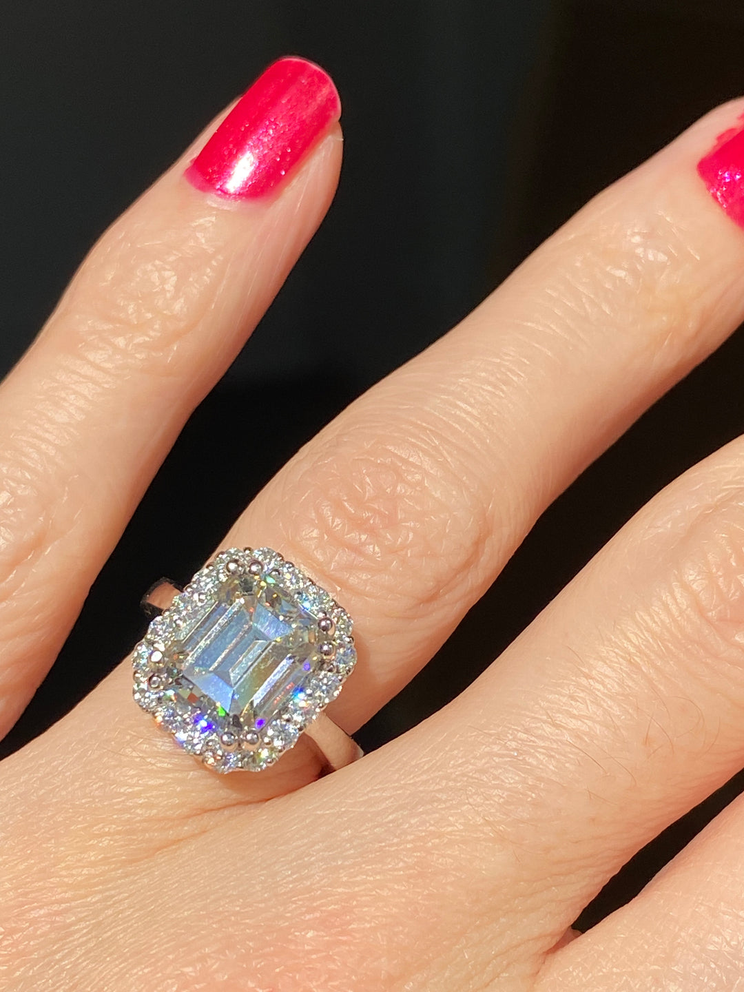 4 Carat Emerald Cut Moissanite Halo Engagement Ring Katherine James Jewellery 