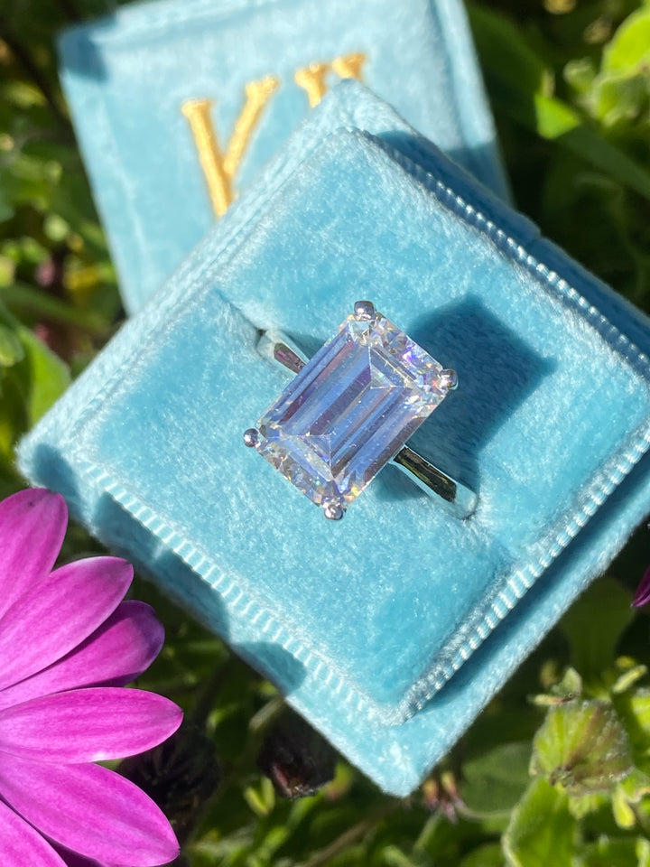 5 Carat Emerald Cut Moissanite Engagement Ring in Sterling Silver Katherine James Jewellery 
