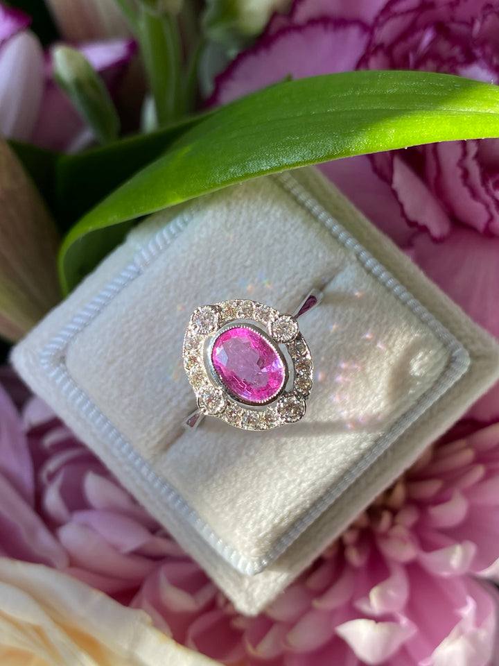 1.20 CTW Pink Sapphire and Diamond Compass Halo Engagement Ring in Platinum