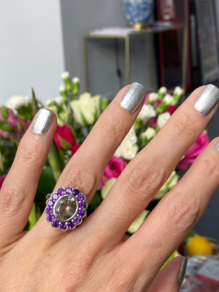 Oval Purple and Green Amethyst Halo Bezel Cocktail Ring in Sterling Silver 