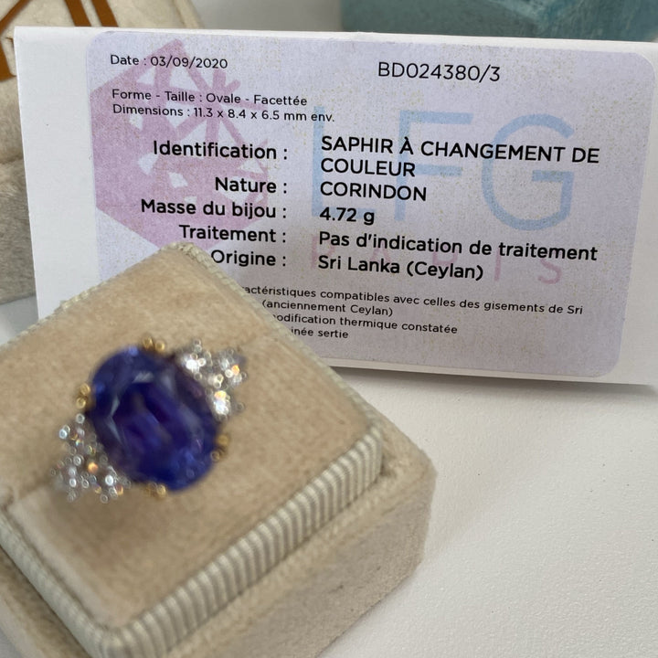 4.98 Carat Colour Change Sapphire and Diamond Ring 