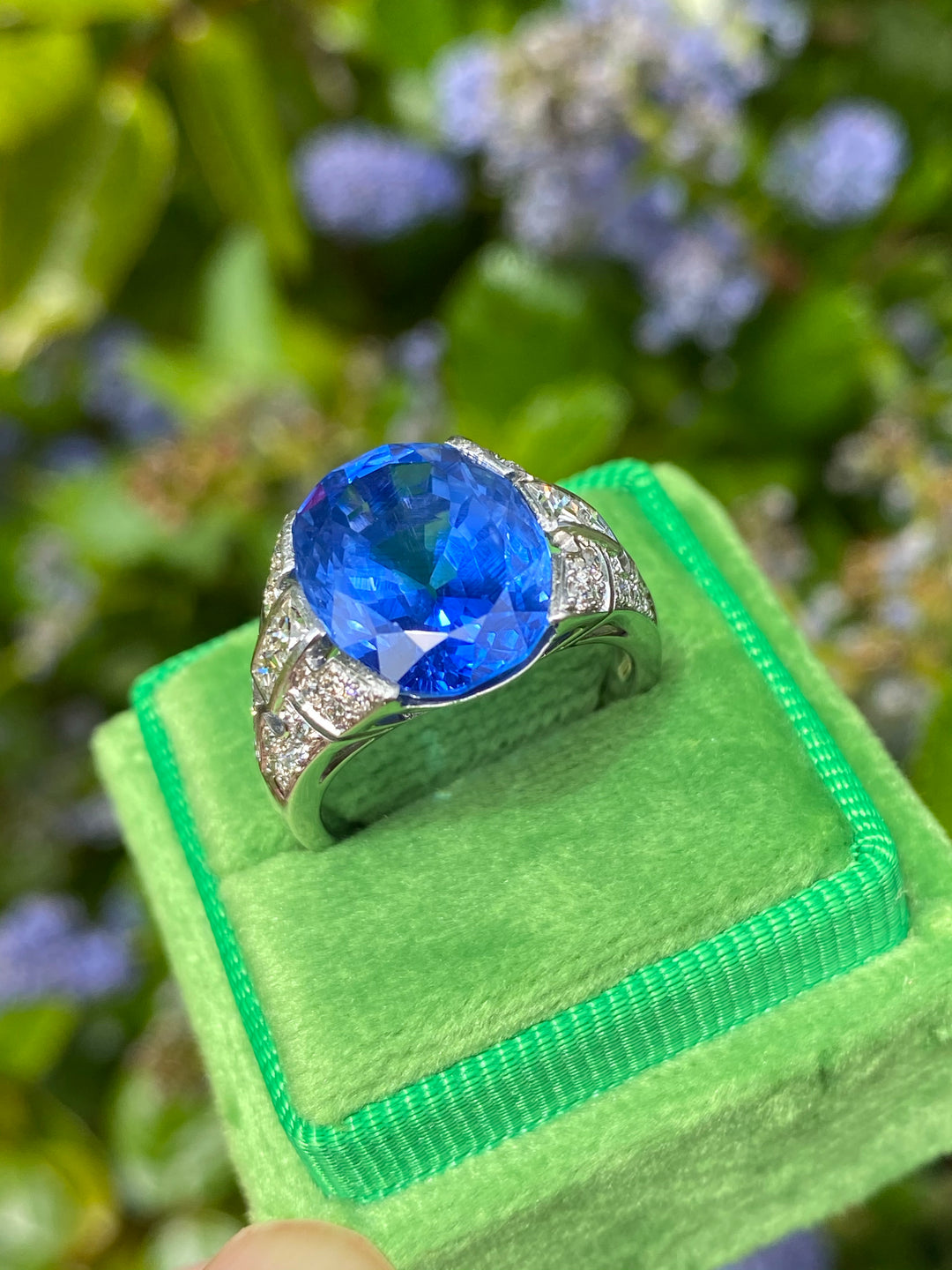 10.05 Carat Certified Unheated Blue Ceylon Sapphire and Diamond Art Deco Ring