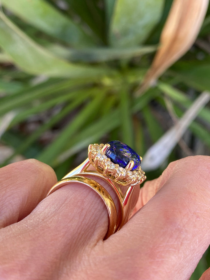 3.57 Carat Vintage Black Opal and Diamond Halo Ring in 18ct Yellow Gold