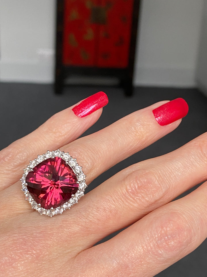 Huge 17 Carat Rubellite Pink Tourmaline and Diamond Cocktail Ring in White and Yellow Gold Katherine James Jewellery   