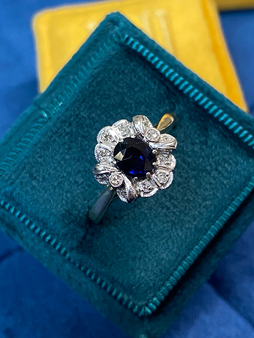 Art Deco Blue Sapphire and Diamond Engagement Ring in Yellow and White Gold 