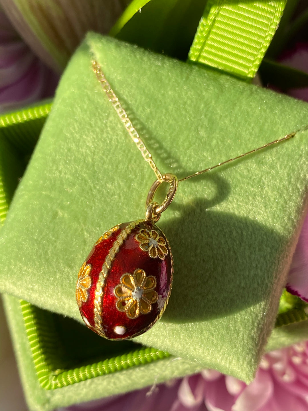 Vintage Red Enamel Egg Pendant Necklace in 18K Yellow Gold 