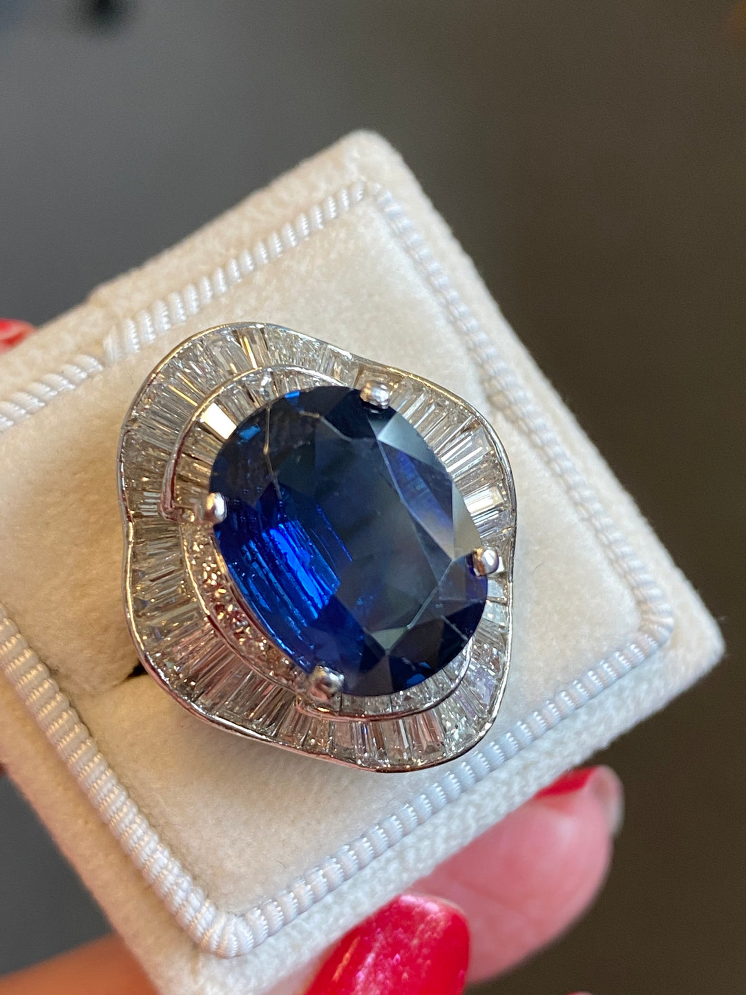 10 Carat Oval Cut Blue Sapphire and Diamond Ballerina Engagement Ring in Platinum