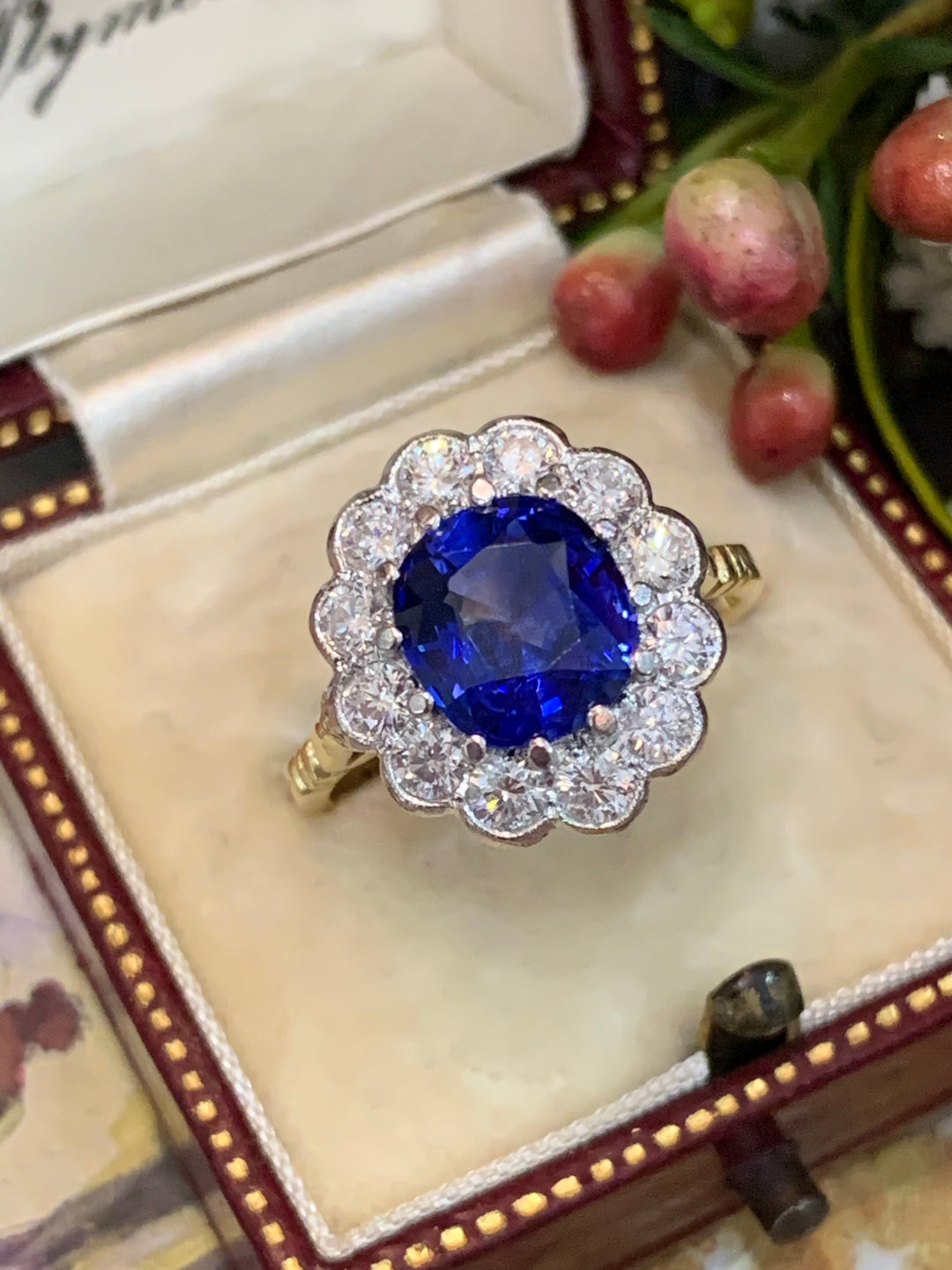 Royal Blue Sapphire and Diamond Cluster Ring
