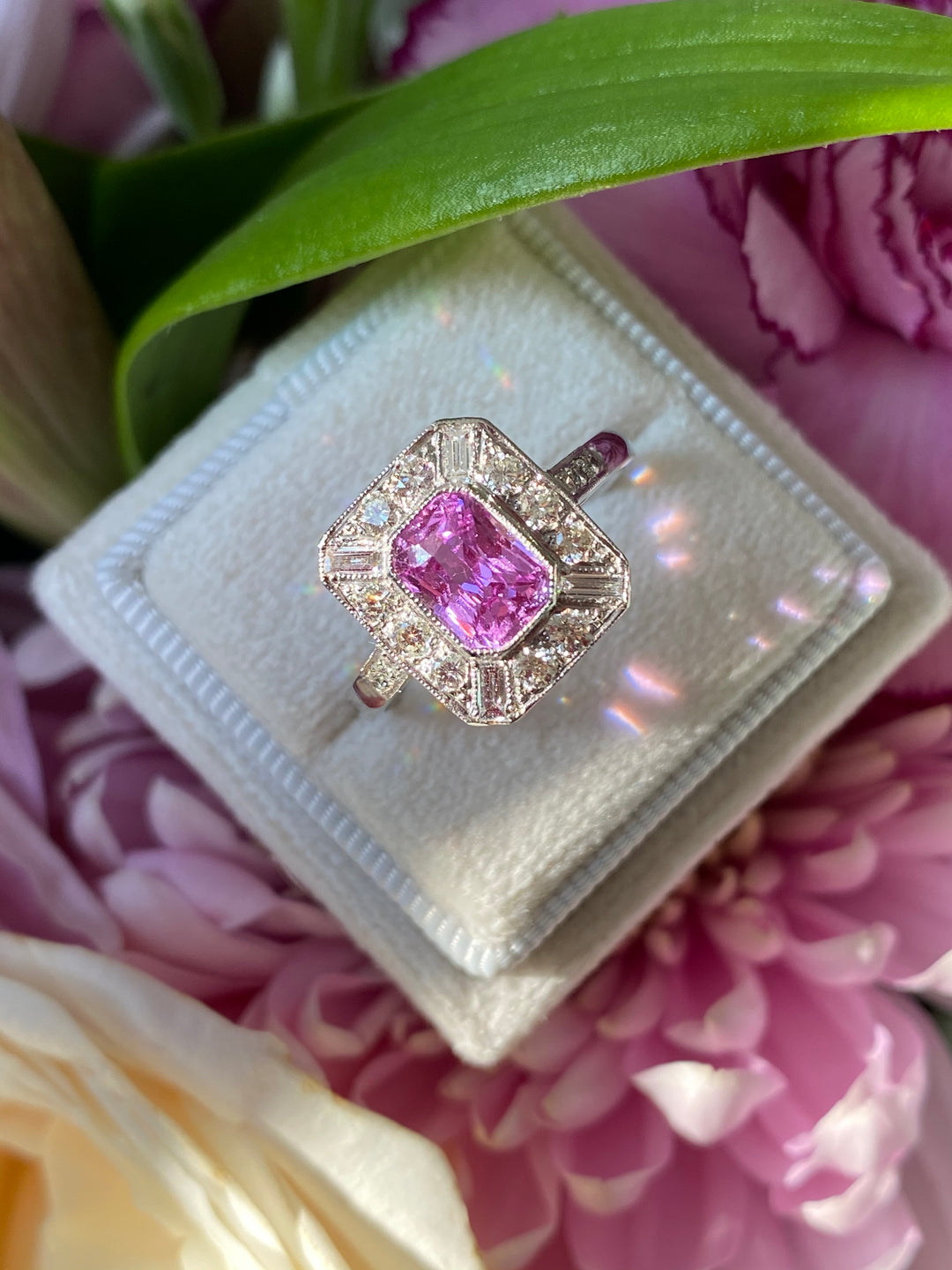 1 Carat Emerald Cut Pink Sapphire and Diamond Art Deco Engagement Ring in Platinum Katherine James Jewellery 