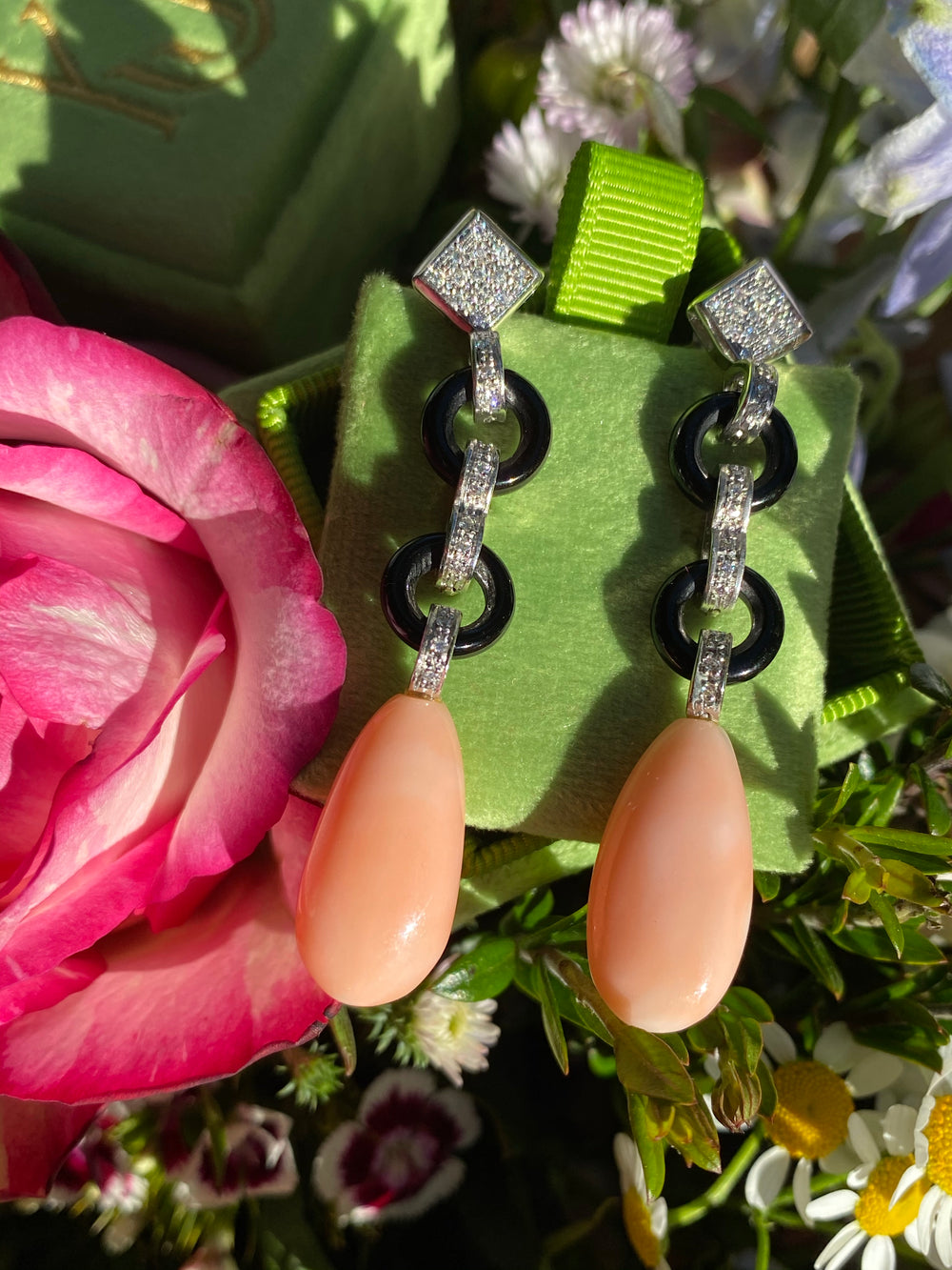 Art Deco Coral, Onyx, and Diamond Earrings 