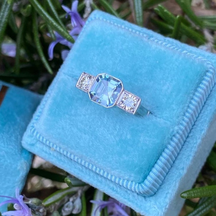 0.90 Carat Aquamarine and Diamond Three-Stone Ring in 18ct Gold and Platinum