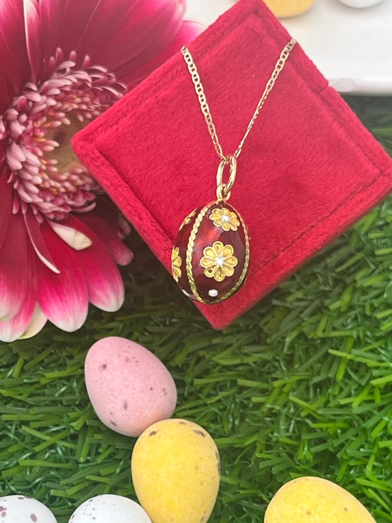 Vintage Red Enamel Egg Pendant Necklace in 18K Yellow Gold 