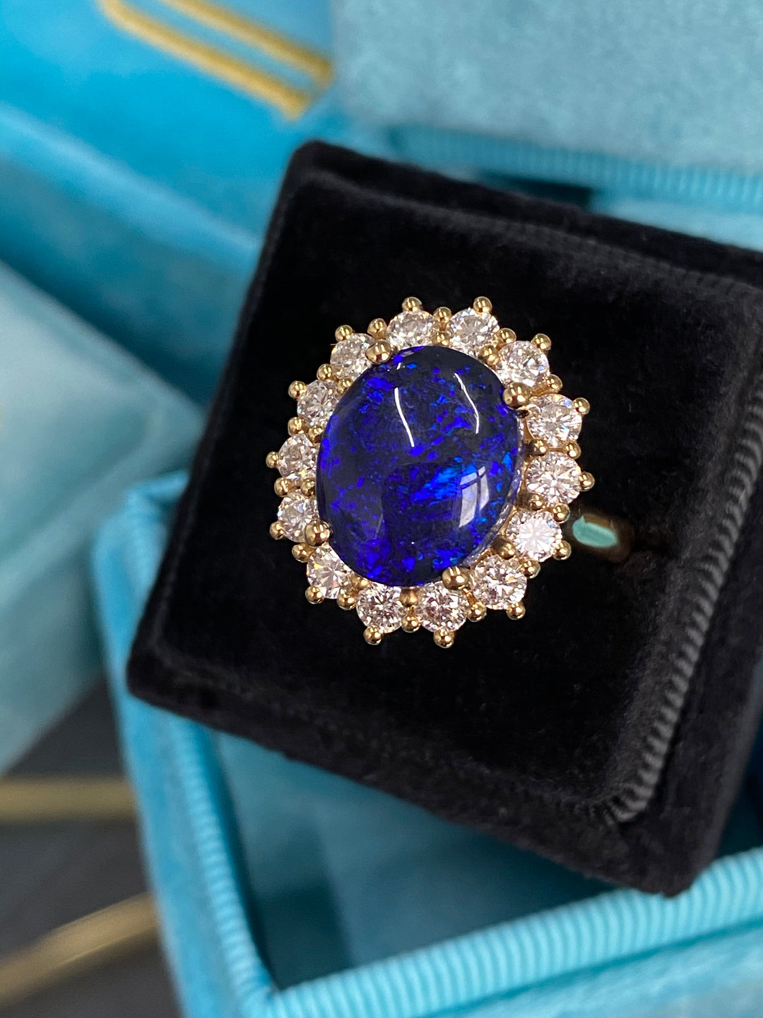 3.57 Carat Vintage Black Opal and Diamond Halo Ring in 18ct Yellow Gold