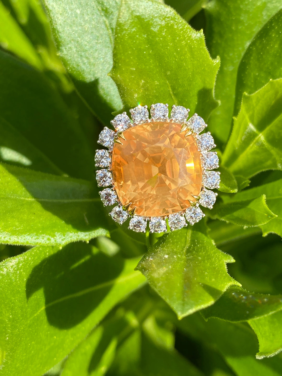 13.97 Certified Unheated Orange Sapphire and Diamond Ring 