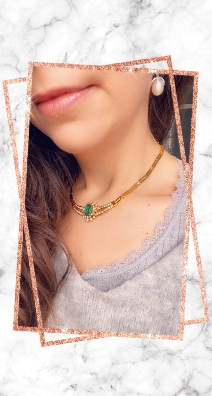 6.50 CTW Vintage Colombian Emerald and Diamond Necklace in 18ct Yellow Gold