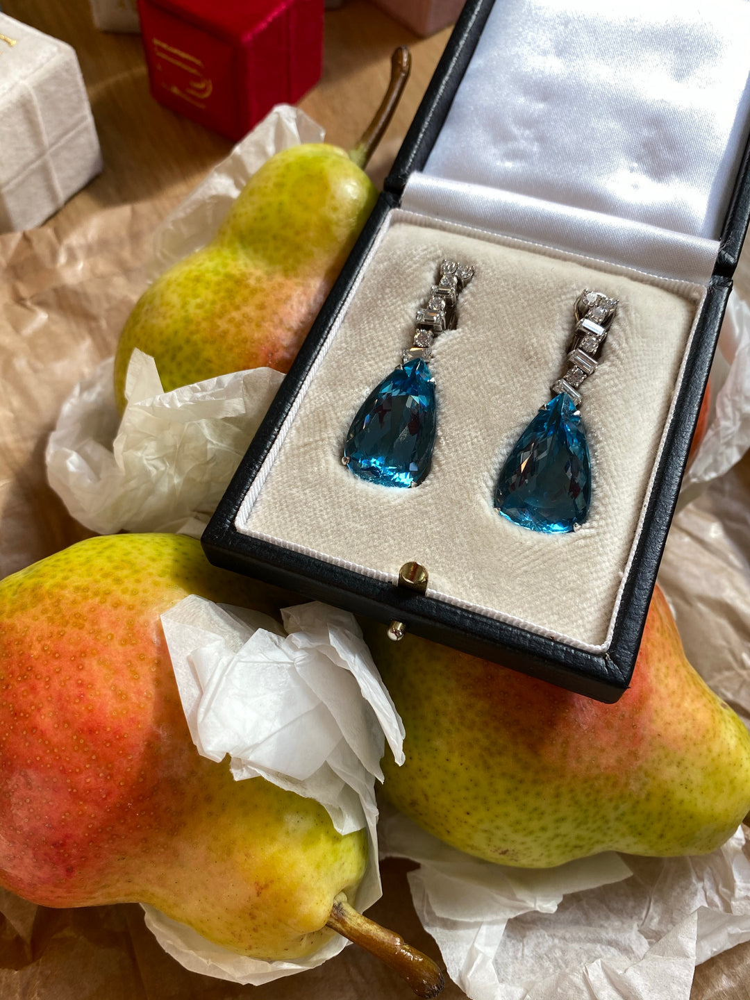 Pear Cut Aquamarine and Diamond Vintage Drop Earrings in White Gold