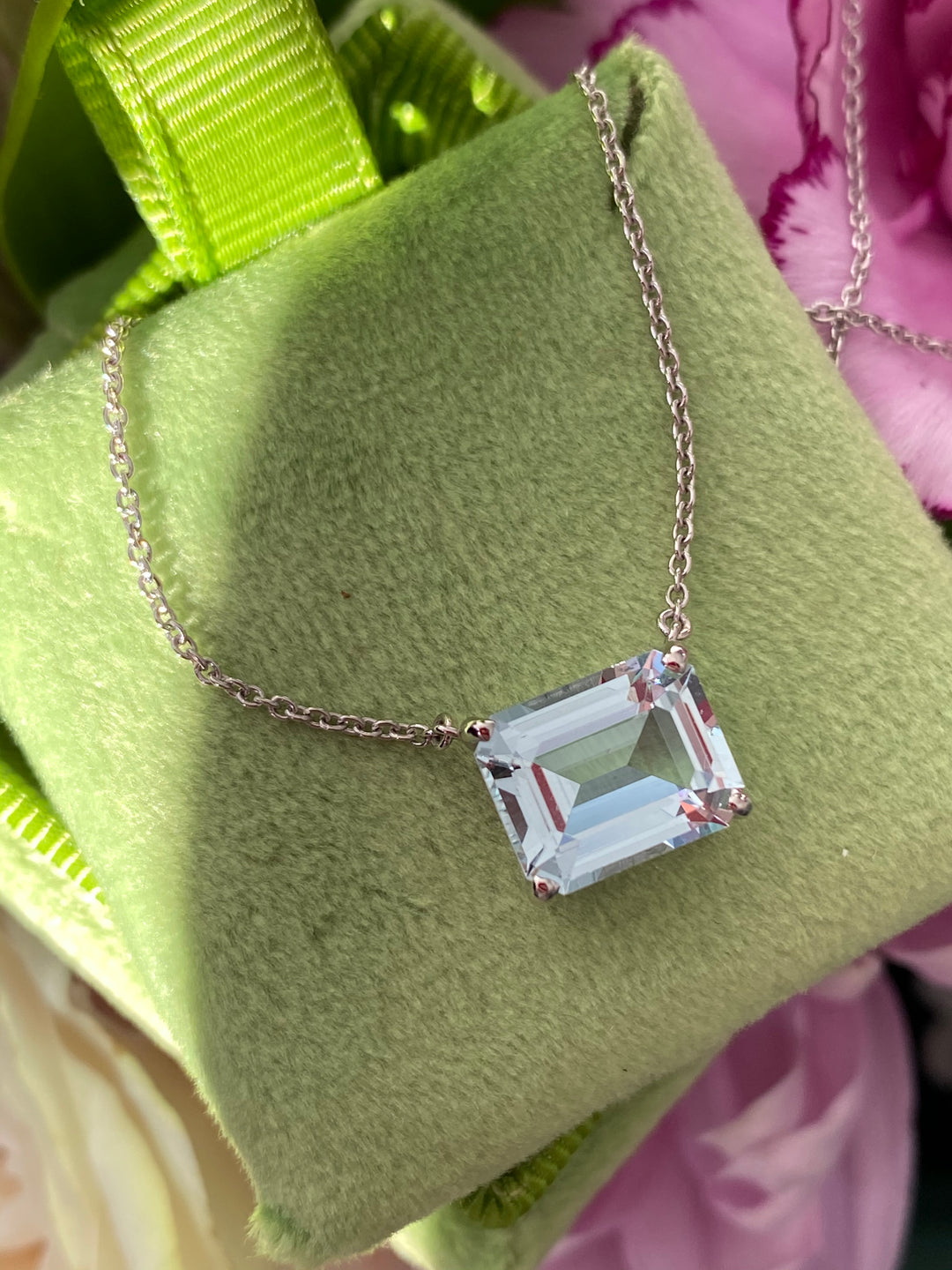 5 Carat Emerald Cut East West Aquamarine Necklace in Platinum 