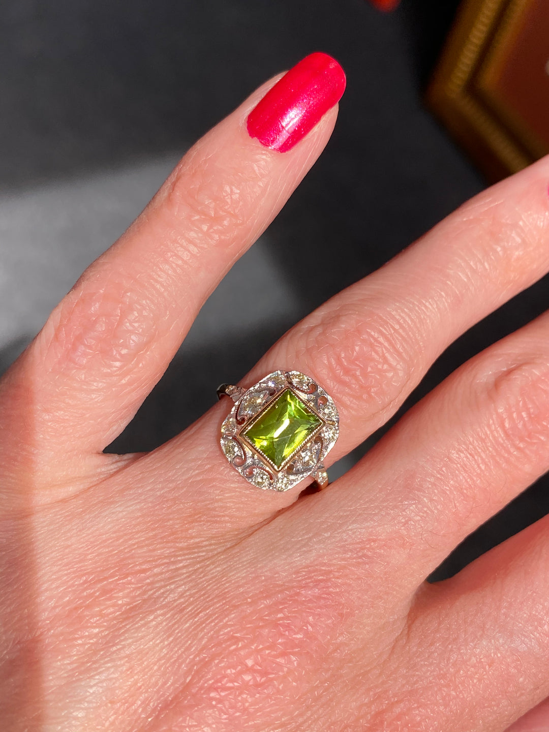 1.60 Carat Peridot and Diamond Art Deco Halo Ring in Platinum and 18ct Gold