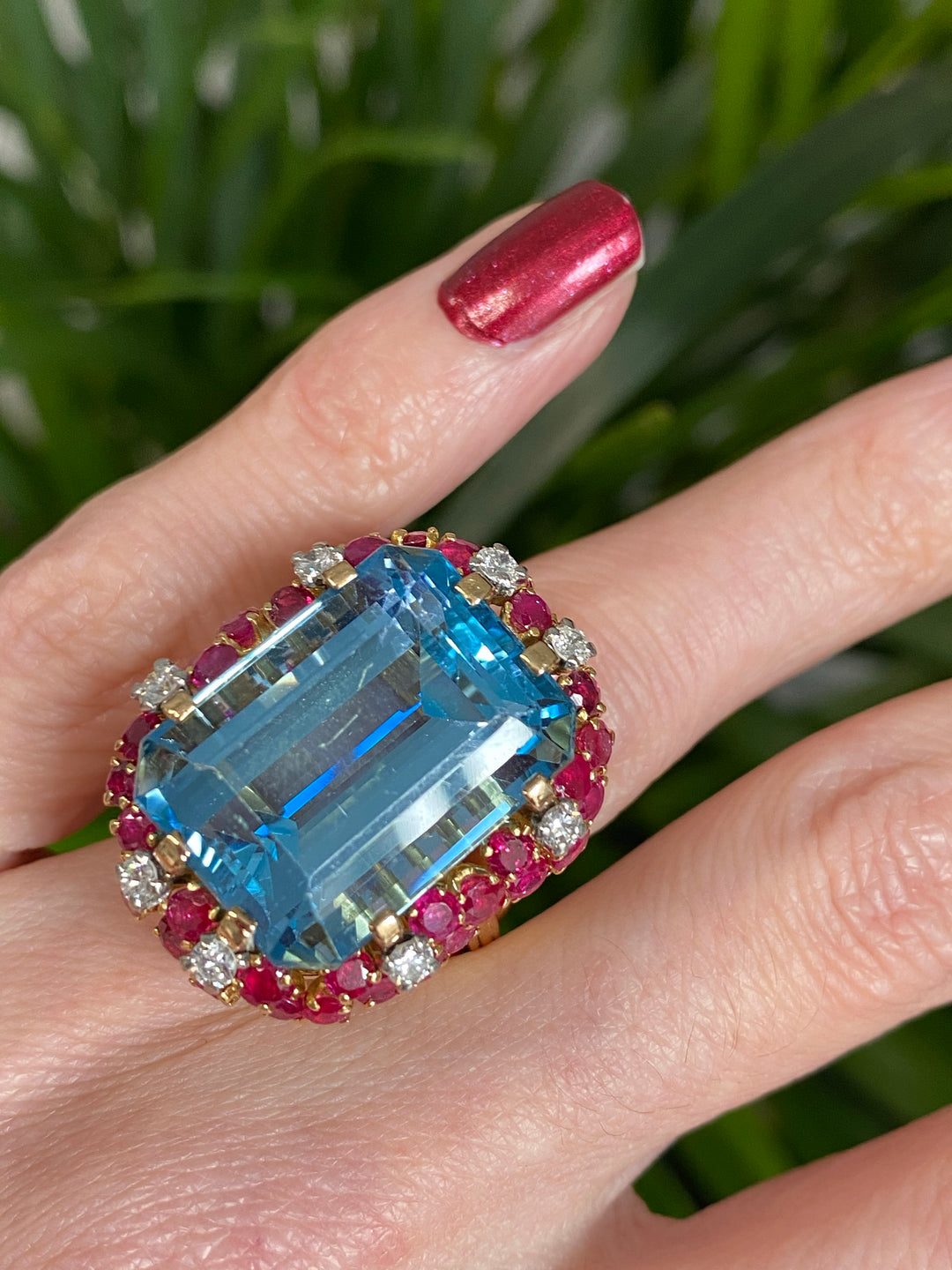 35.00 CTW Mellerio Aquamarine, Ruby, and Diamond Vintage Cocktail Ring in 18ct Yellow Gold