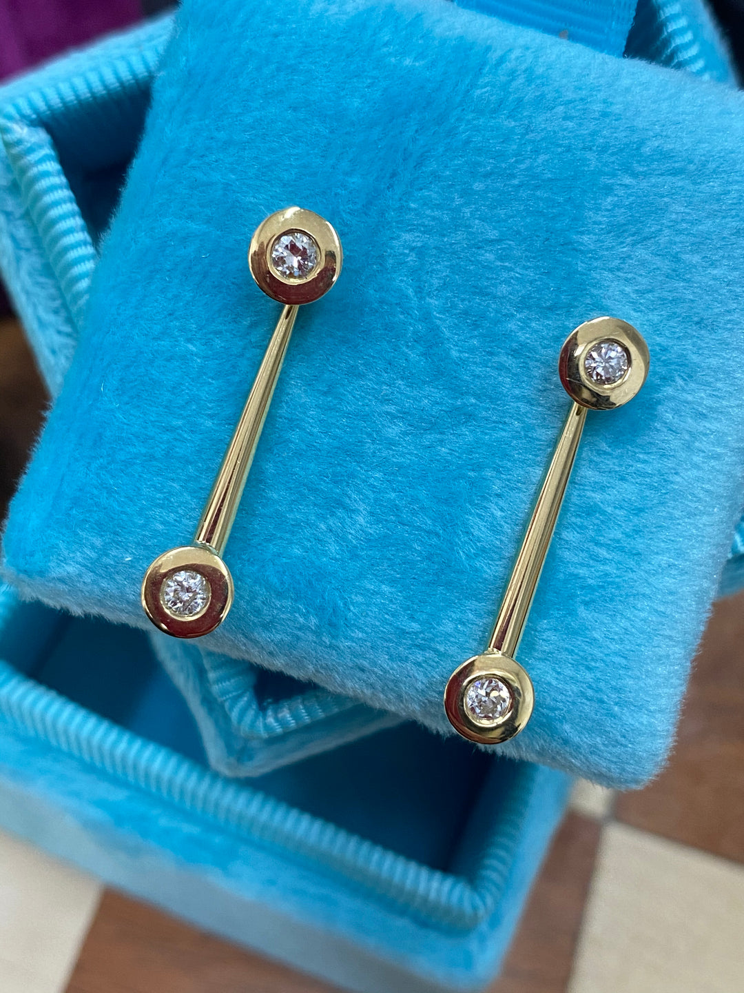 Mid Length Yellow Gold Diamond Drop Earrings Convertible Diamond Drop Earrings Bezel Set Diamond Stud Earrings with Convertible Diamond Drops 