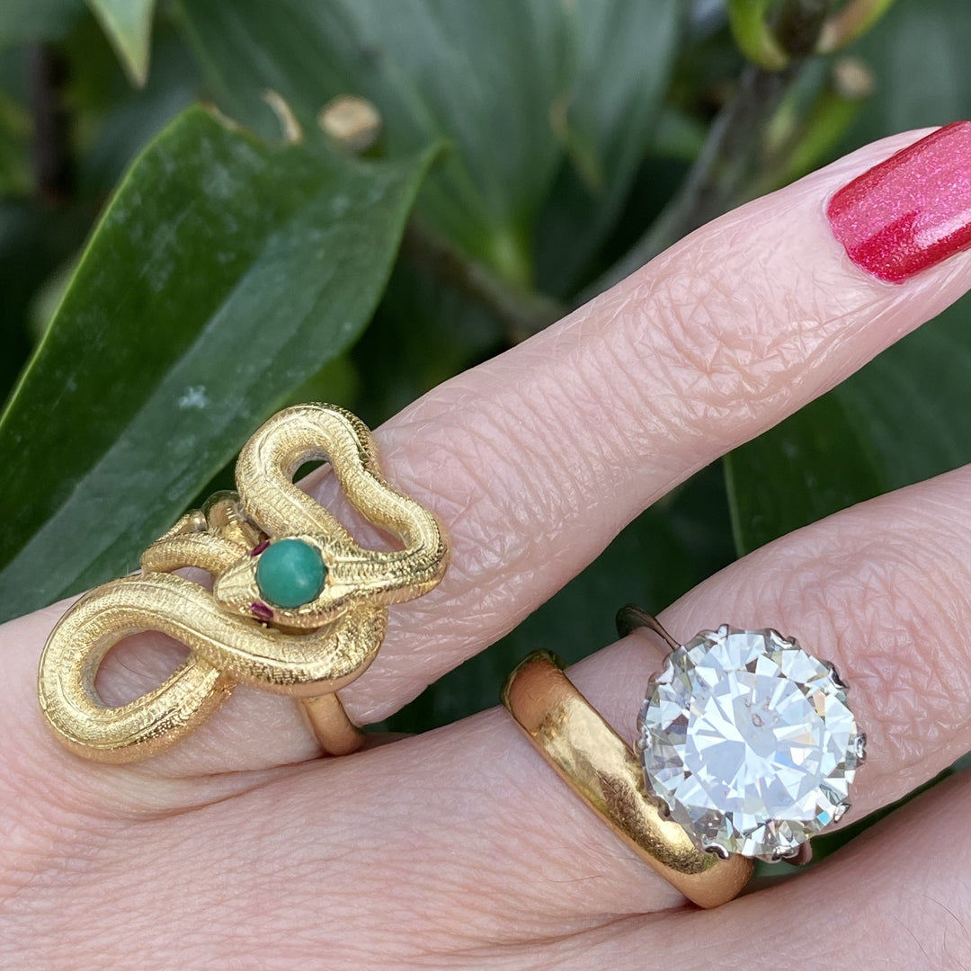 Antique Turquoise and Ruby Snake Serpent Ring in Yellow Gold 