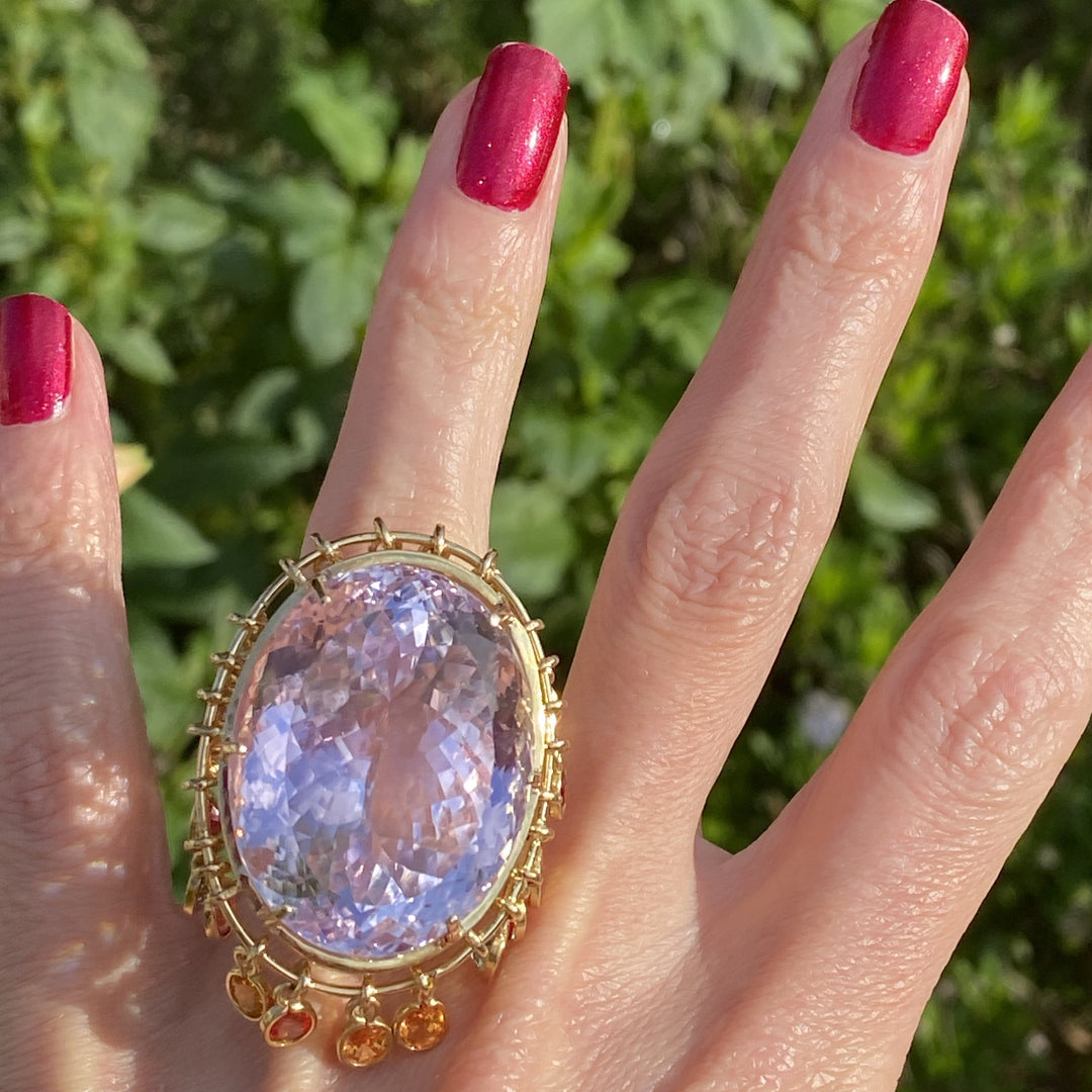 75 Carat Kunzite and Sapphire Cocktail Ring in 18K Yellow Gold 