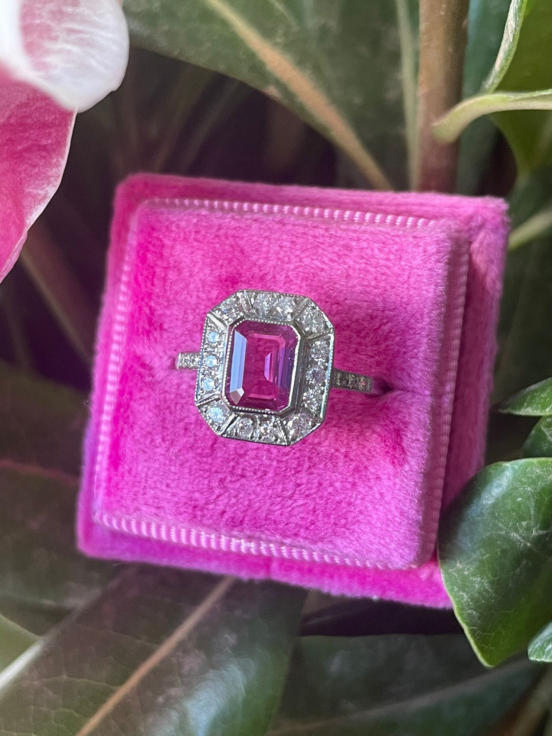 Emerald Cut Pink Sapphire and Diamond Halo Art Deco Engagement Ring in Platinum 
