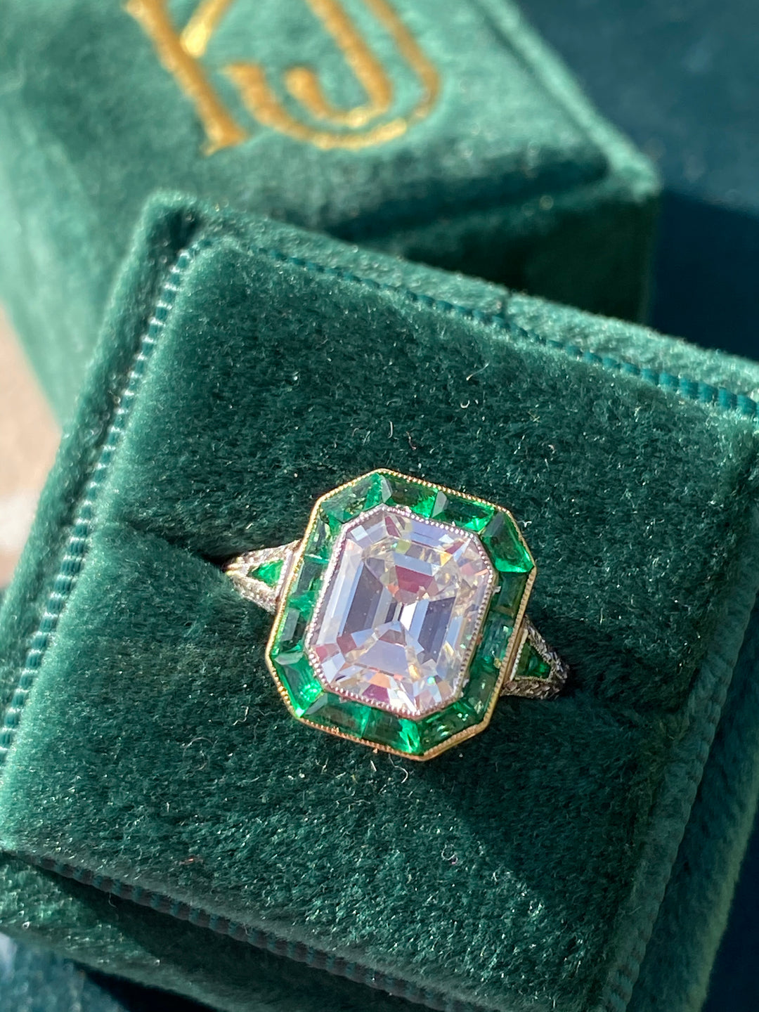 2.30 Carat Diamond and Emerald Antique Art Deco Halo Engagement Ring in 18ct White Gold