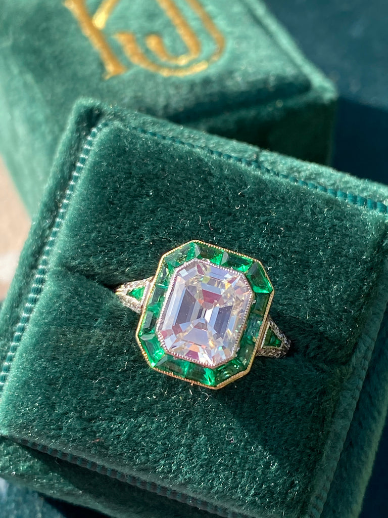 2.30 Carat Diamond And Emerald Antique Art Deco Halo Engagement Ring I –  Katherine James Jewellery