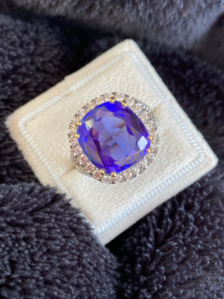 12 Carat Cushion Cut Tanzanite and Diamond Cocktail Engagement Ring in White Gold 