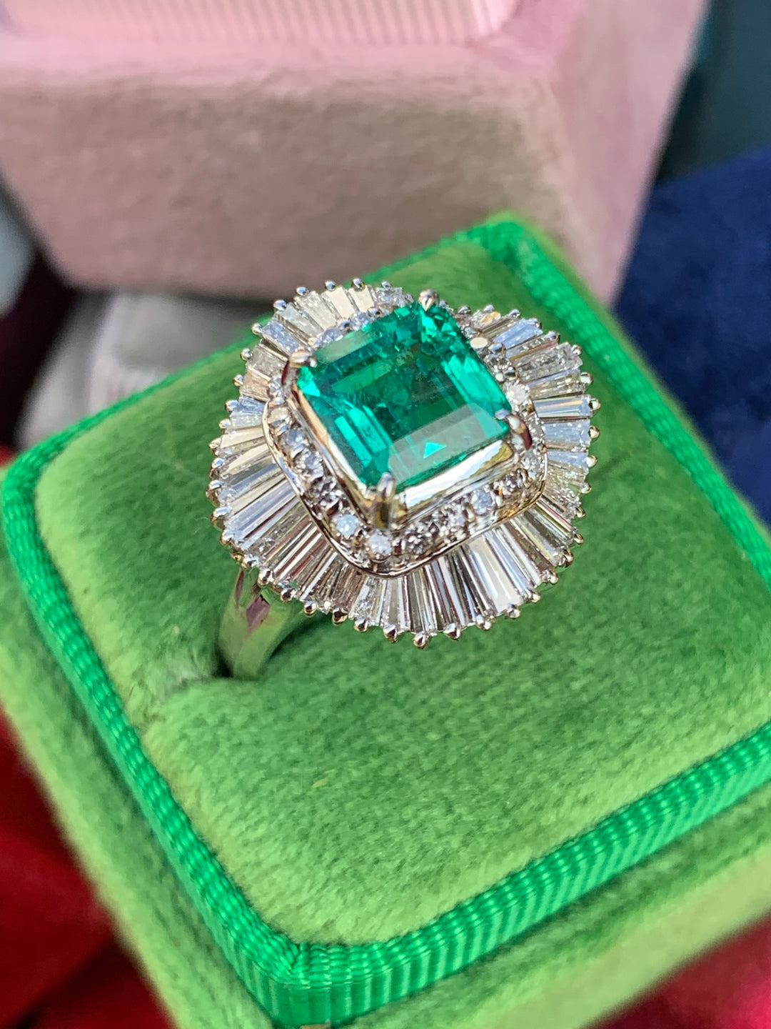 1.63 Carat Asscher Cut Colombian Emerald and Diamond Ring in Platinum 