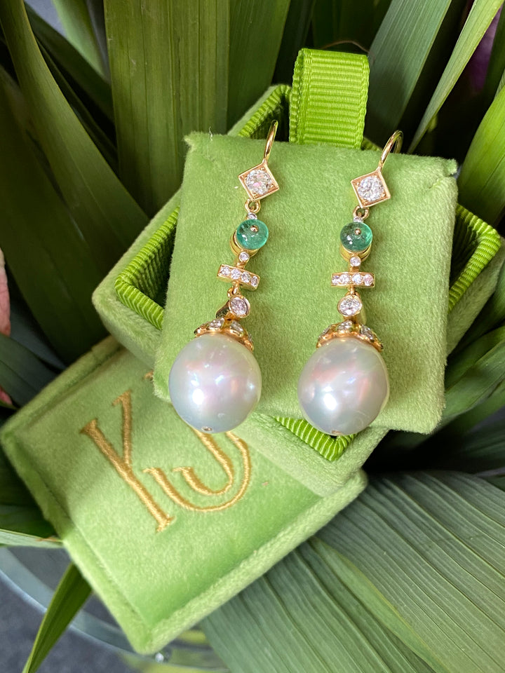 Diamond, Emerald and South Sea Pearl Drop Earrings in 18ct Yellow Gold