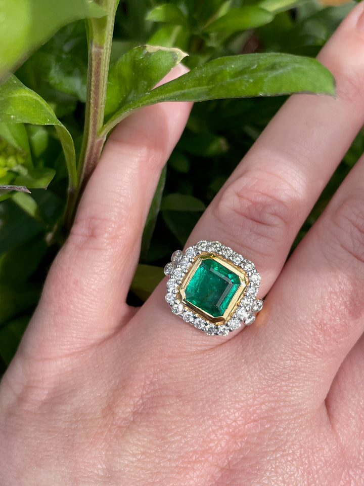 3.00 Carat Colombian Emerald and Diamond Halo Engagement Ring in 18ct White and Yellow Gold