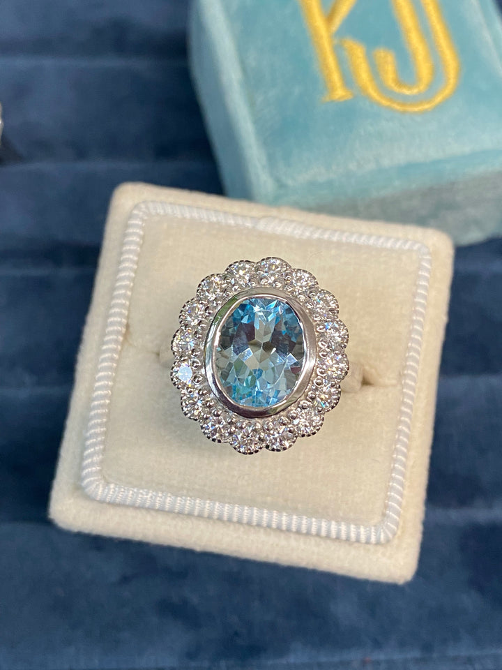 4.25 CTW Oval Cut Blue Topaz and Moissanite Halo Cocktail Ring