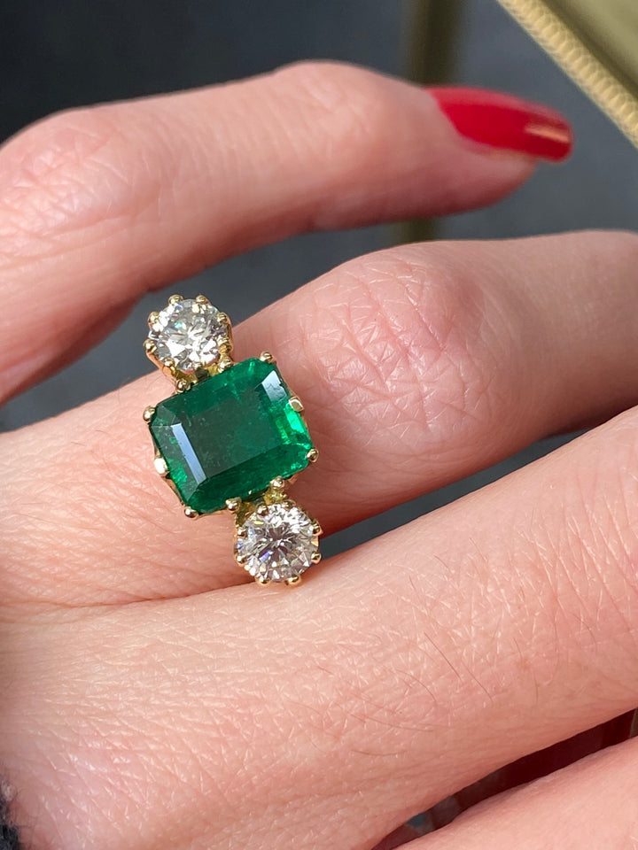 4.00 CTW Emerald and Diamond Three Stone Engagement Ring in 18ct Yellow Gold