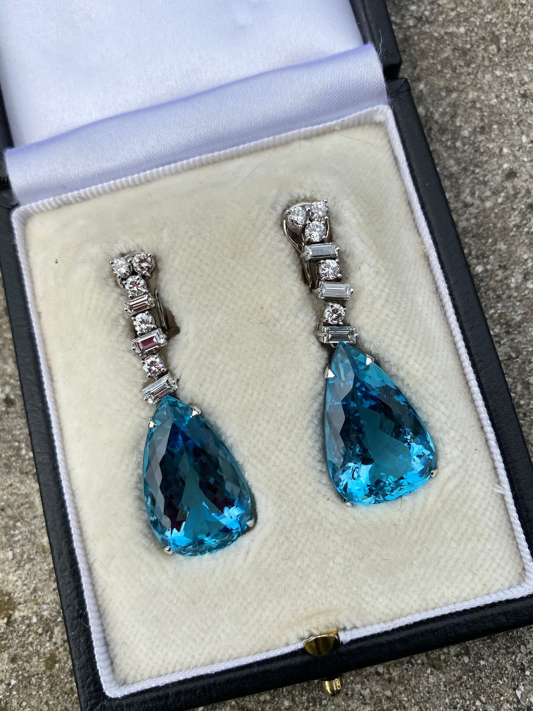 37.00 CTW Vintage Aquamarine and Diamond Drop Earrings in 18ct White Gold