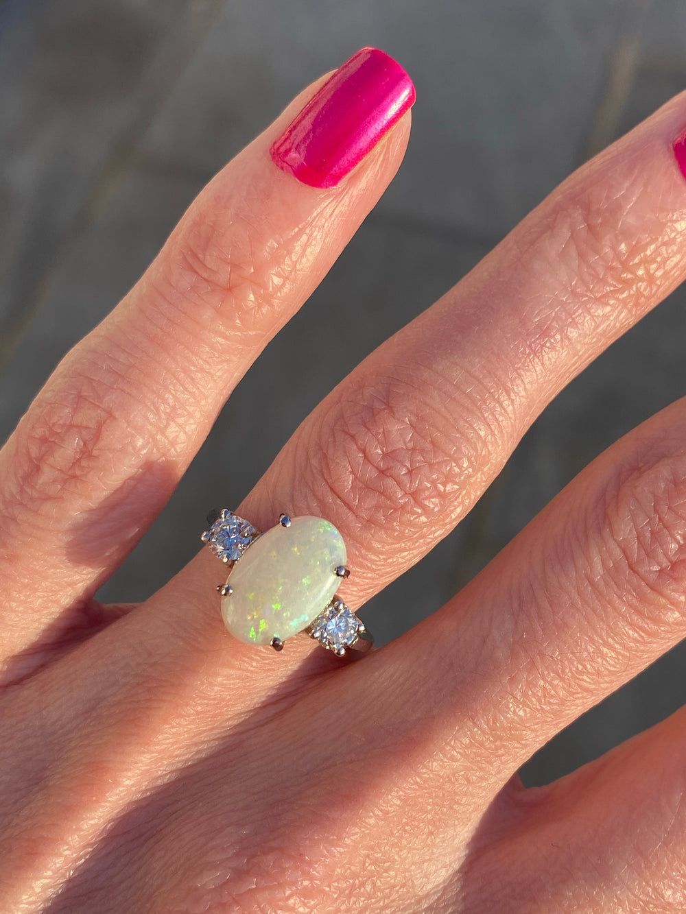 White Opal and Diamond Three Stone Engagement Ring 
