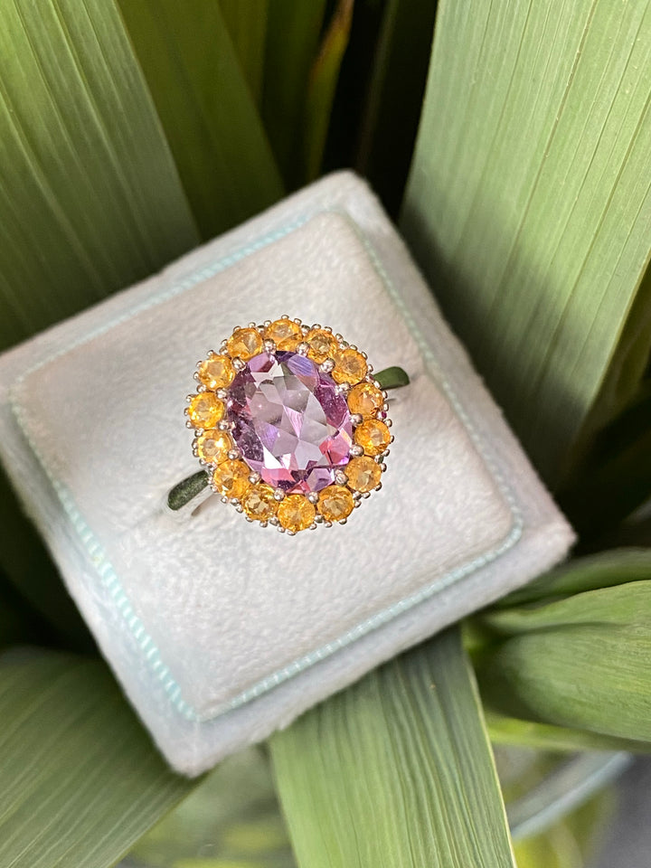 Oval-Cut Citrine and Amethyst Halo Cocktail Ring in Sterling Silver