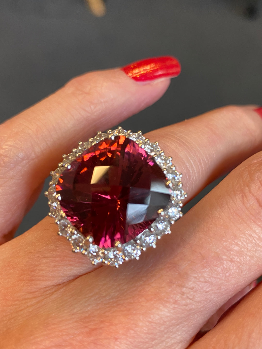 Huge 17 Carat Rubellite Pink Tourmaline and Diamond Cocktail Ring in White and Yellow Gold 